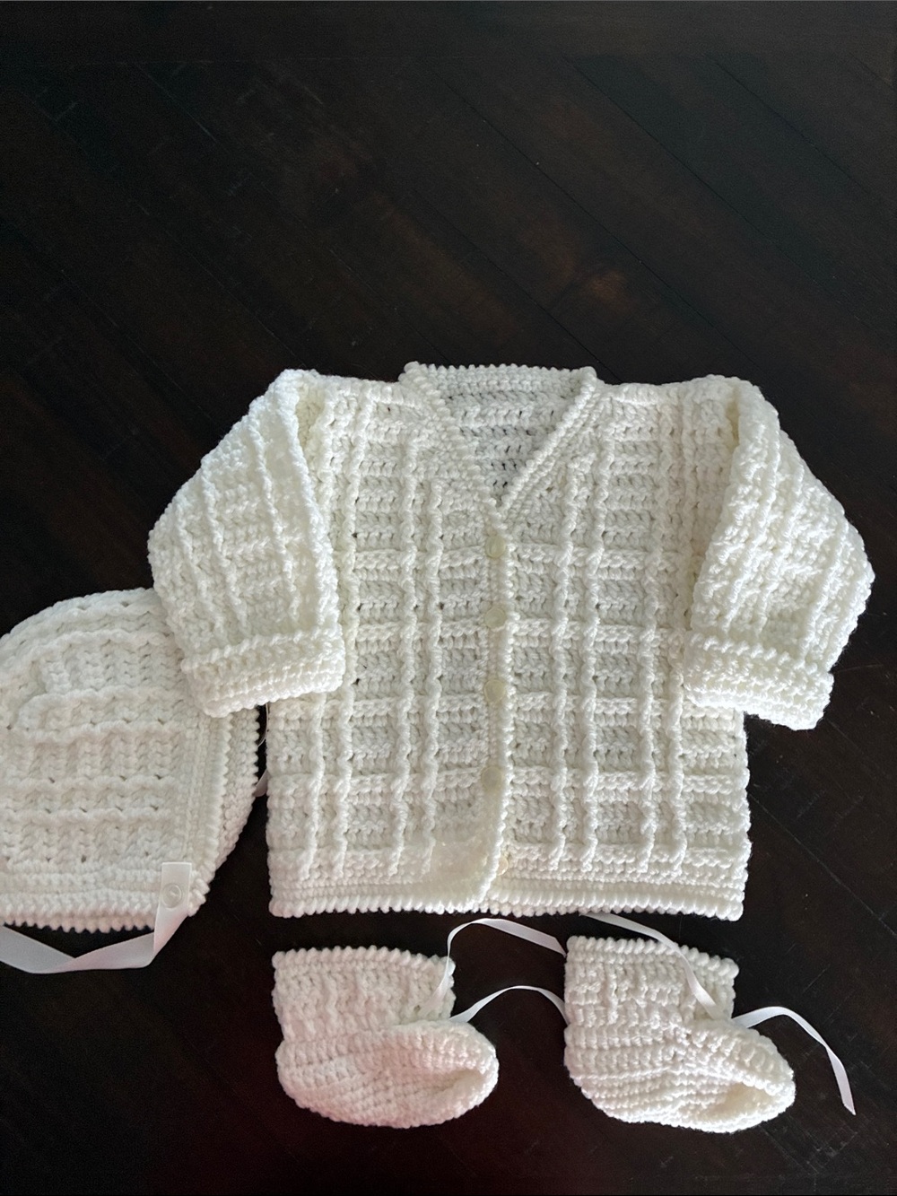 White Crocheted Baby Matching Set - Sweater, Bonnet & Booties